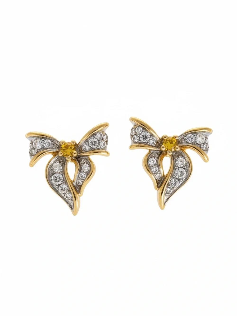 Nina Ricci Gold Bow Earrings with Yellow and Clear Crystals - Picture 2 of 3